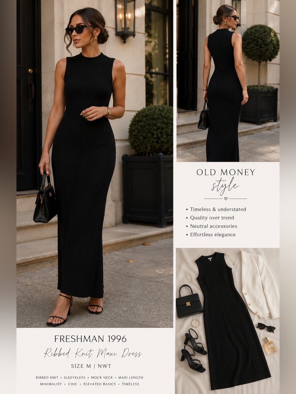 Freshman 1996 Black Ribbed Knit Maxi Dress NWT Sleeveless Mock Neck Size M